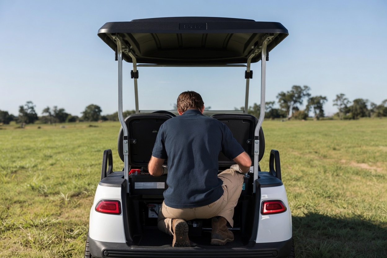 Technician servicing the battery compartment on an electric golf cart